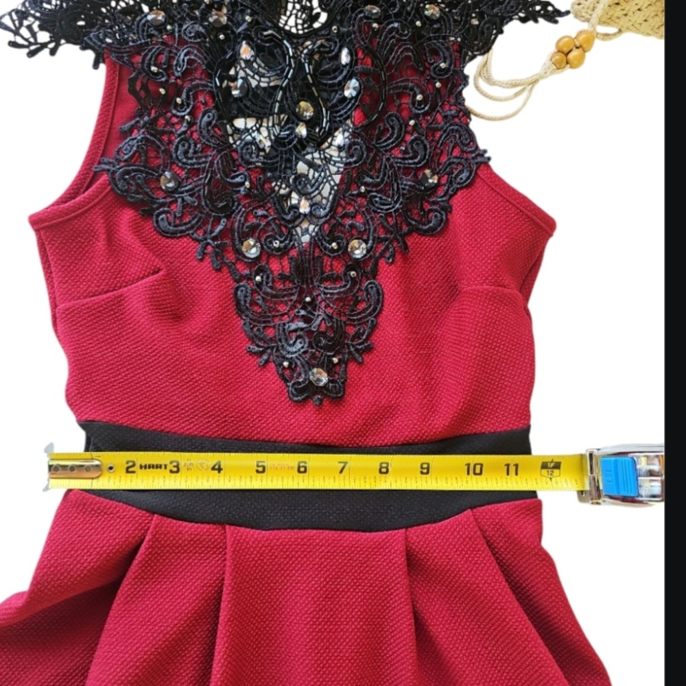 Windsor Red and Black Mock Neck Fit and Flare Mini Dress - Picture 6 of 7